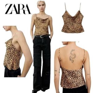 Zara camel brown leopard cheetah draped cowl neck camisole tank top blouse M